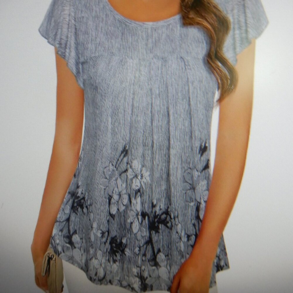 FURNEX Floral Tunic Top Short Sleeve Ruffle Blouse Black and Gray MM NWT